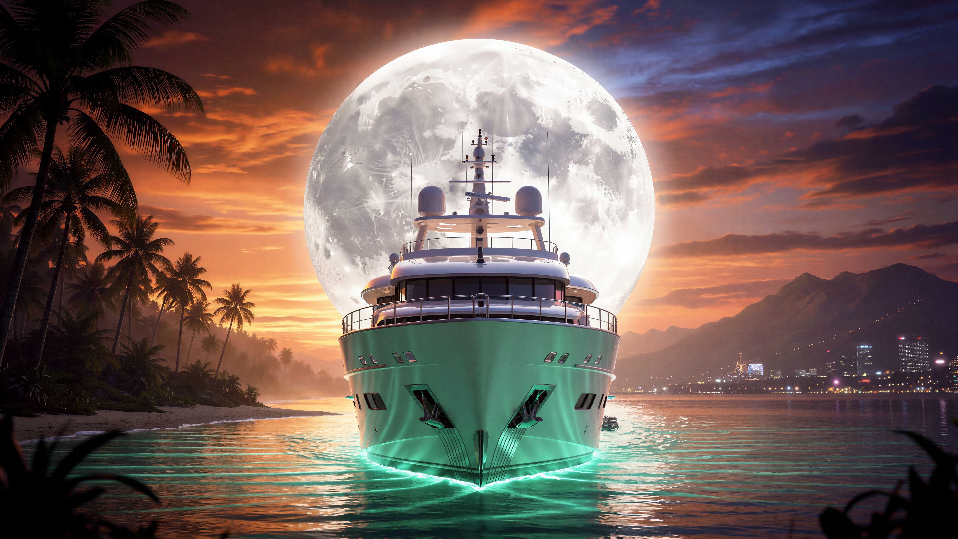 Surreal Fantasy Scene of Yacht Under Glowing Moon