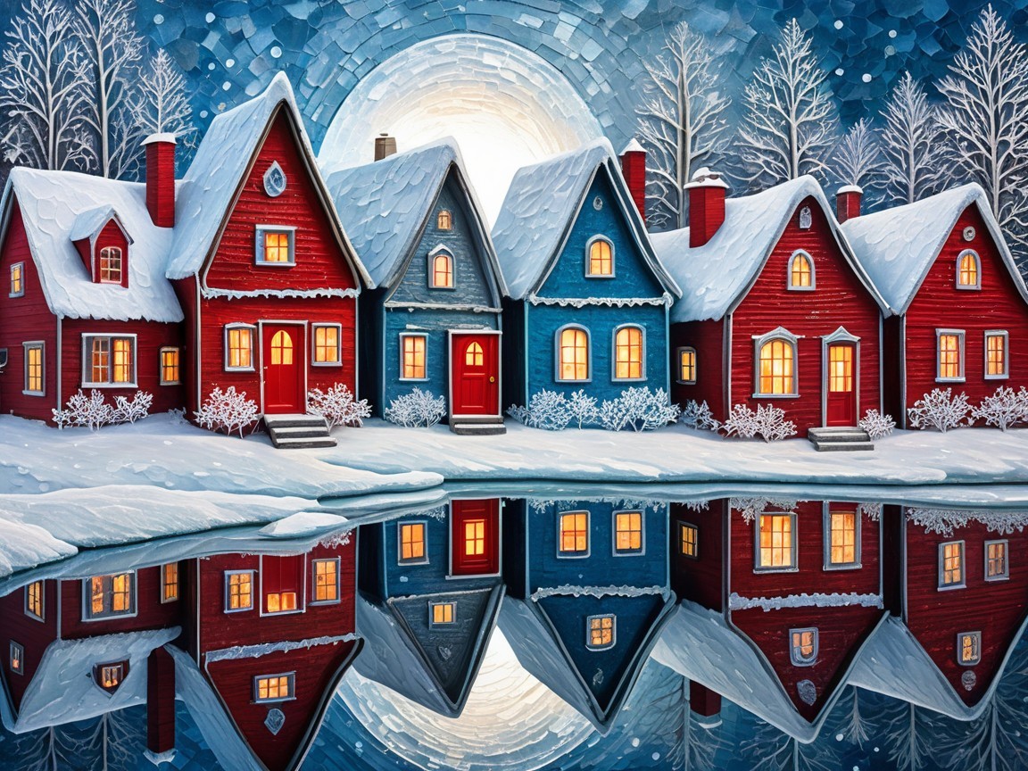 Snow-Covered Houses by a Moonlit Reflection