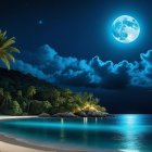 Tropical Nighttime Scene with Yacht and Bioluminescence