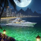 Yacht on Turquoise Waters Under Full Moon and Stars