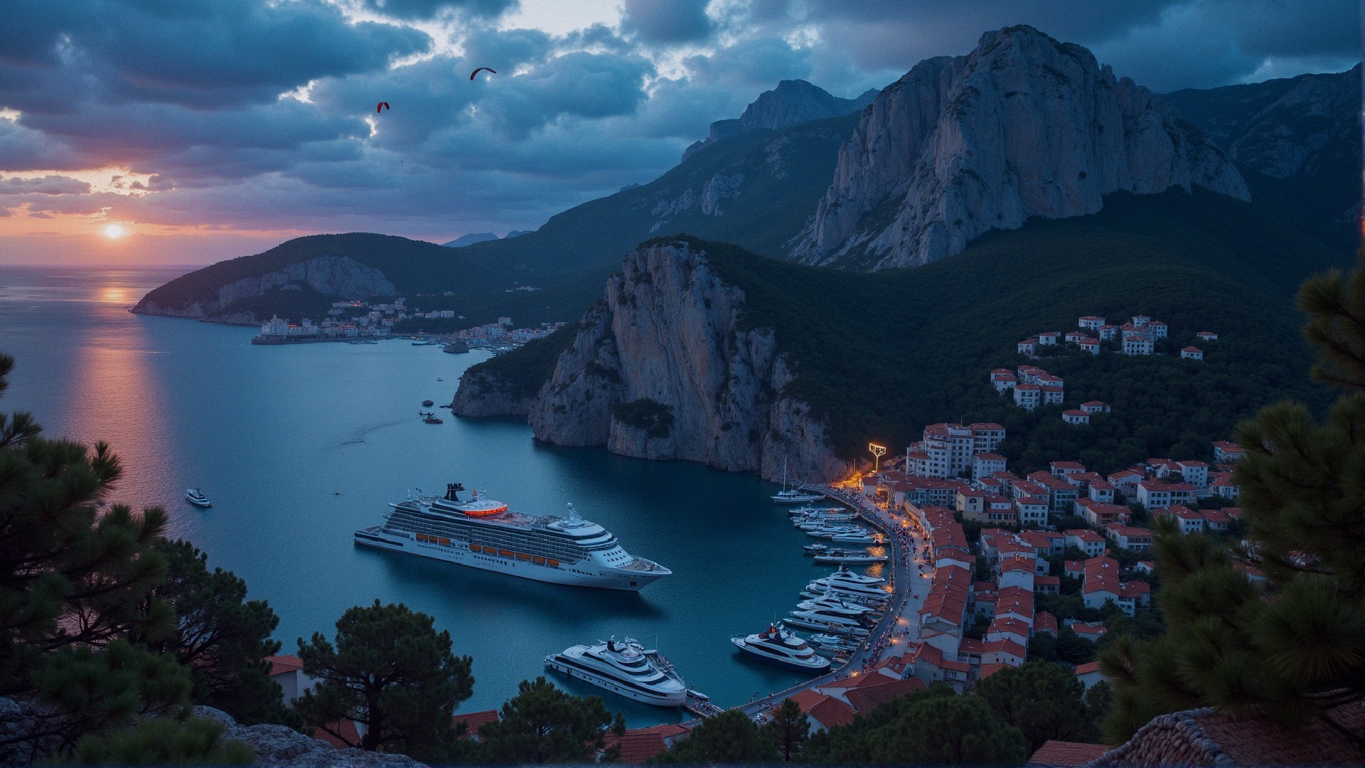 Aerial View of Coastal Town at Sunset with Cruise Ship