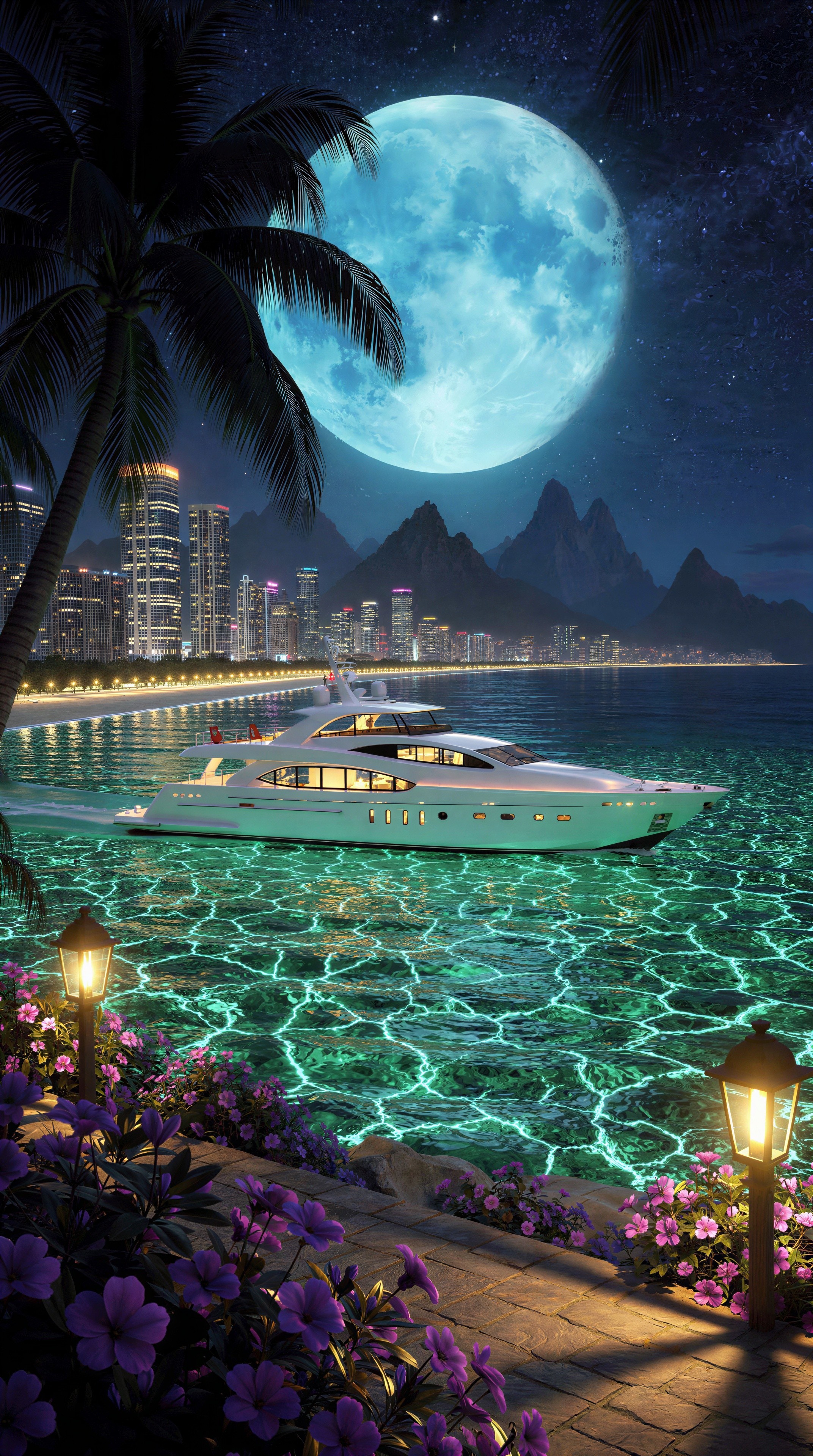 Yacht on Turquoise Waters Under Full Moon and Stars