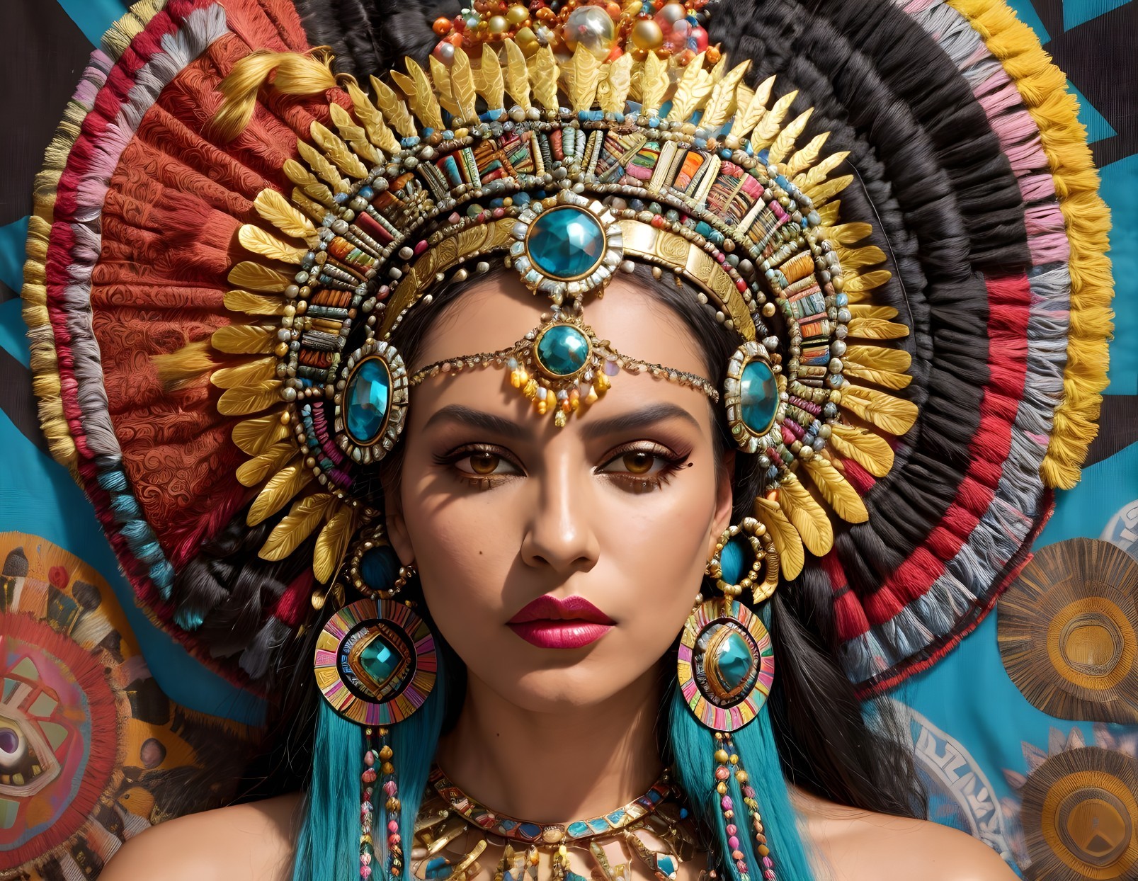 Woman in Elaborate Gold Headdress and Vibrant Feathers