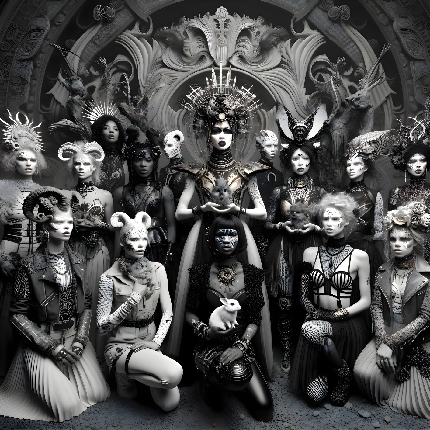 Monochromatic Group in Avant-Garde Mythical Costumes