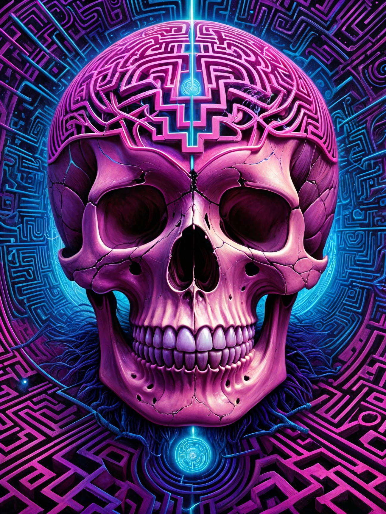Vibrant Skull with Pink Hue and Maze Patterns