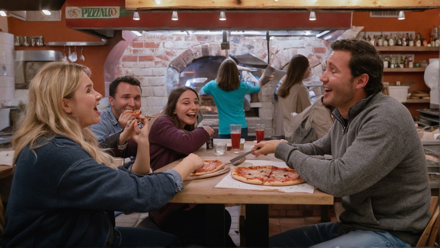 Diverse Friends Enjoy Pizza Dinner in Italian Restaurant