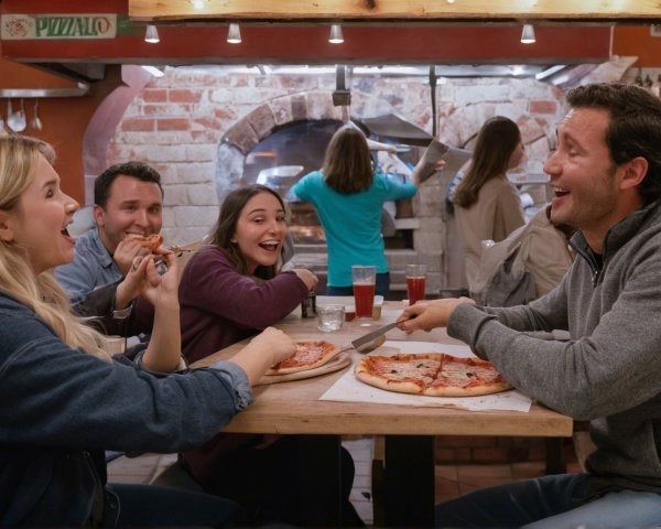 Diverse Friends Enjoy Pizza Dinner in Italian Restaurant