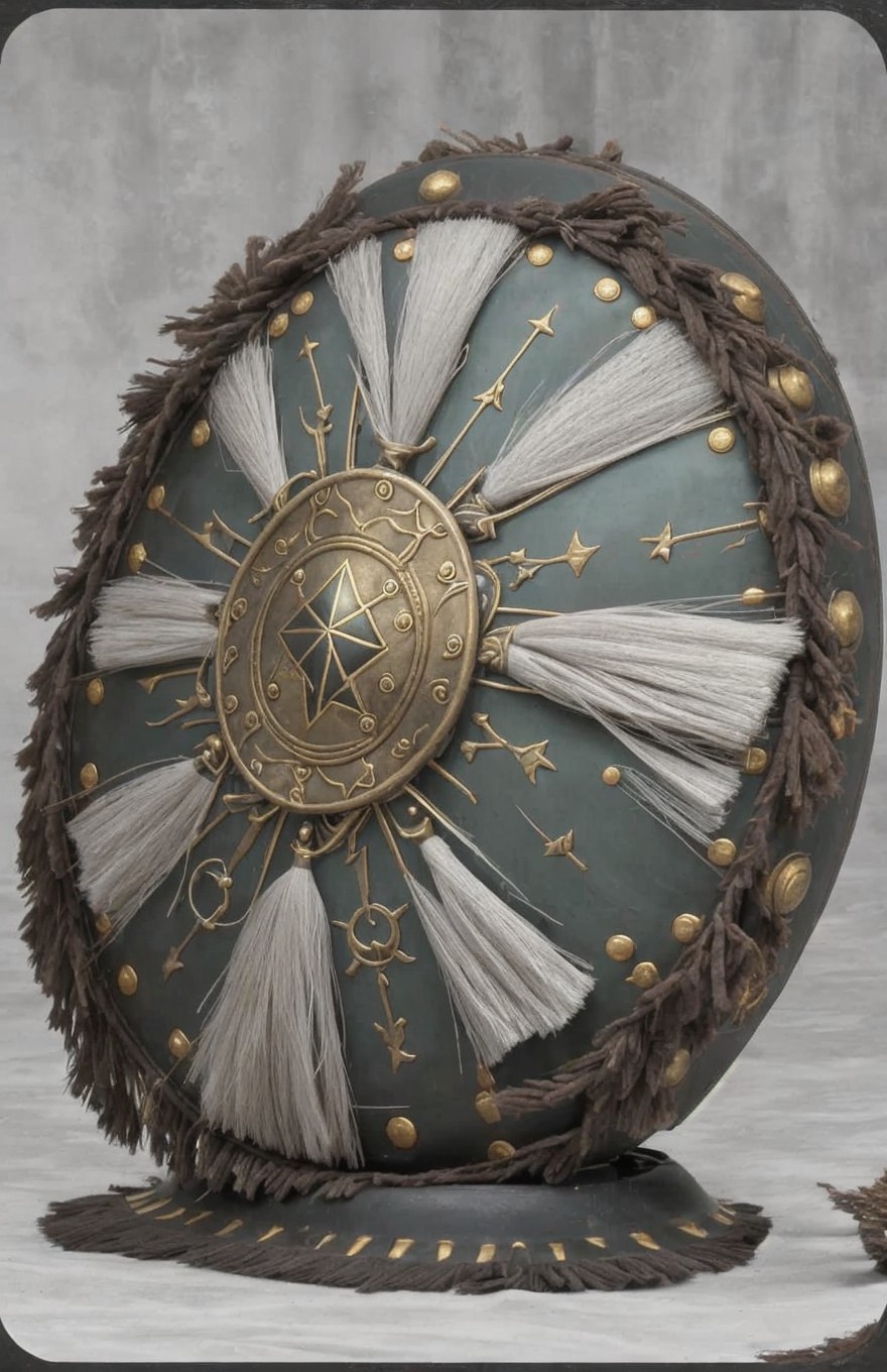 Intricate Circular Shield with Golden Boss and Tassels