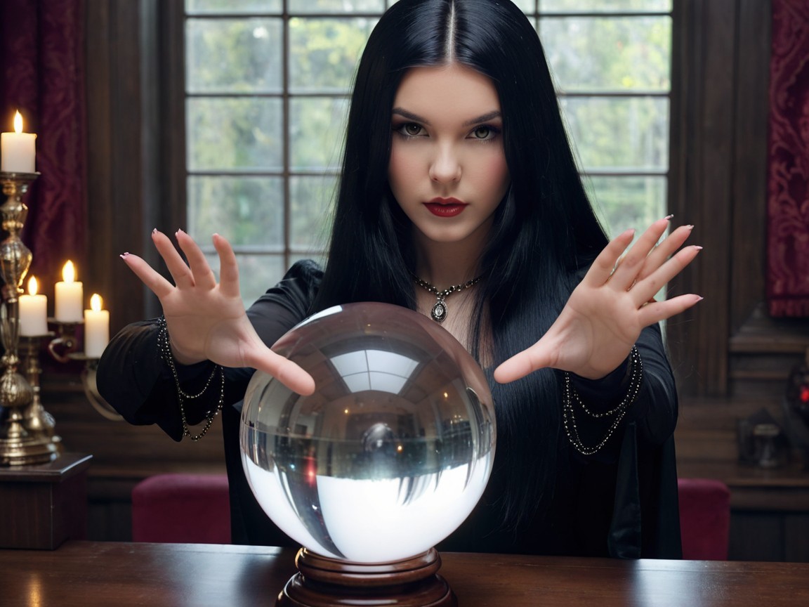 Serious Woman with Crystal Ball in Dimly Lit Room