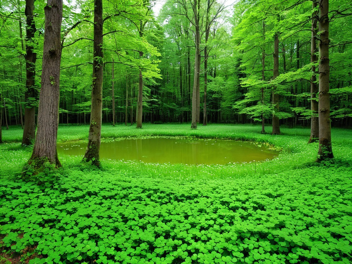 Enchanted Green Forest with Pond and Clover Floor
