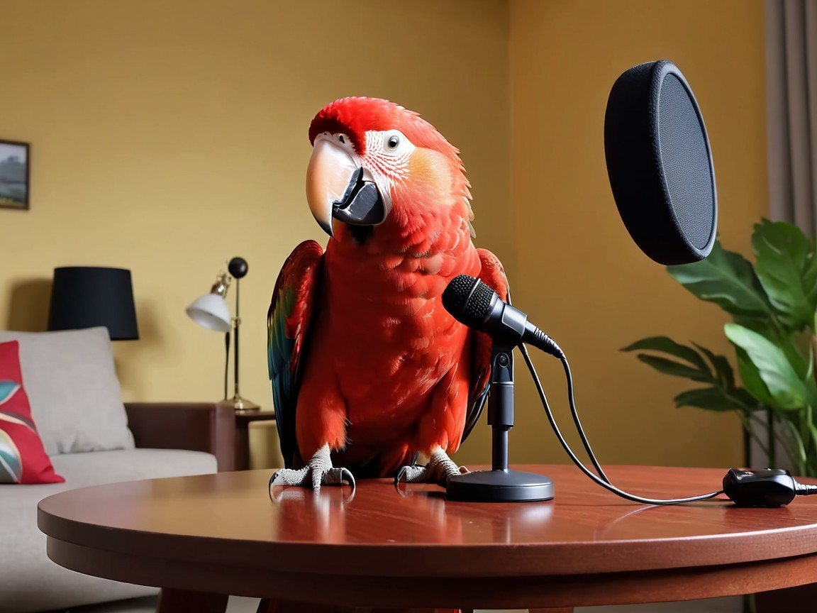 Red Macaw Parrot on Table with Indoor Decor Elements