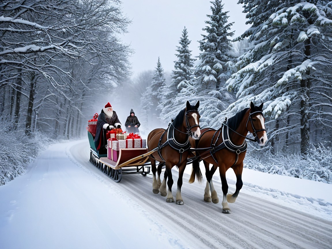 Winter Scene with Horses and Christmas Sleigh