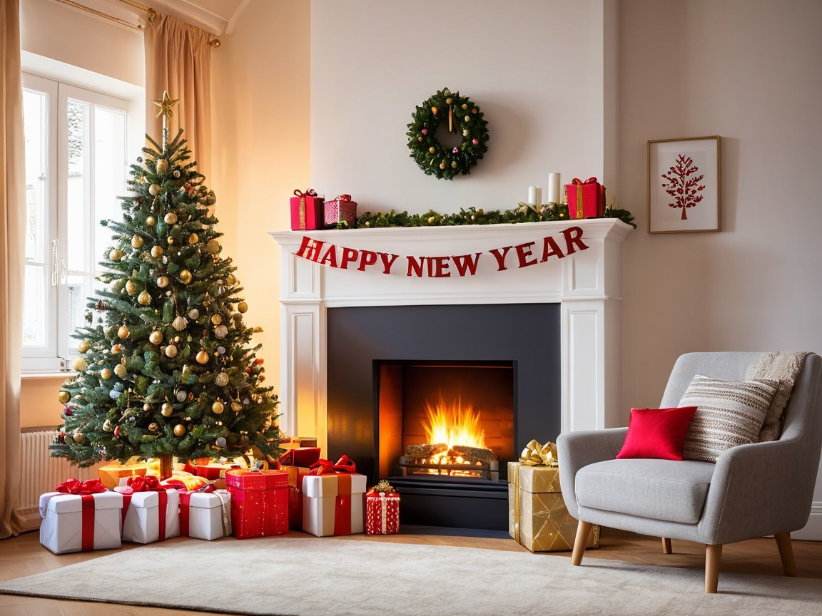 New Year's Living Room Decor with Tree and Fireplace