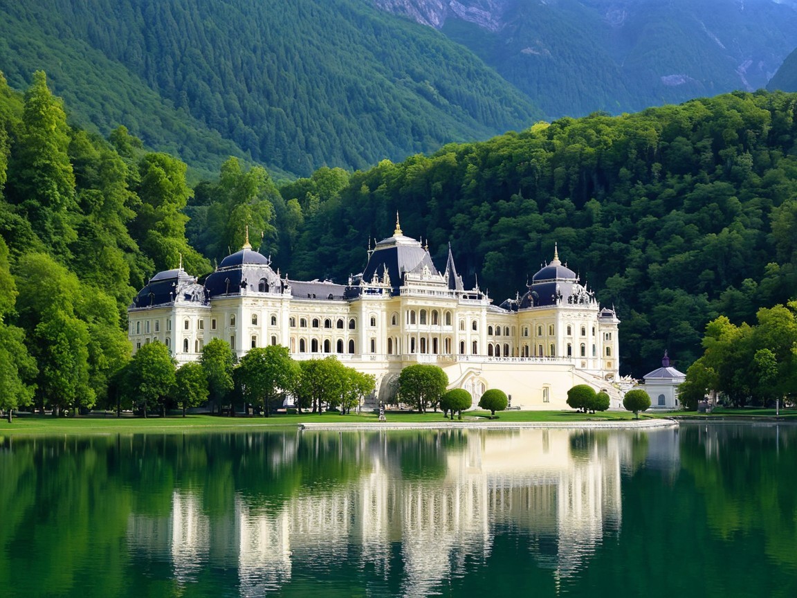Opulent white palace with blue domes by tranquil lake