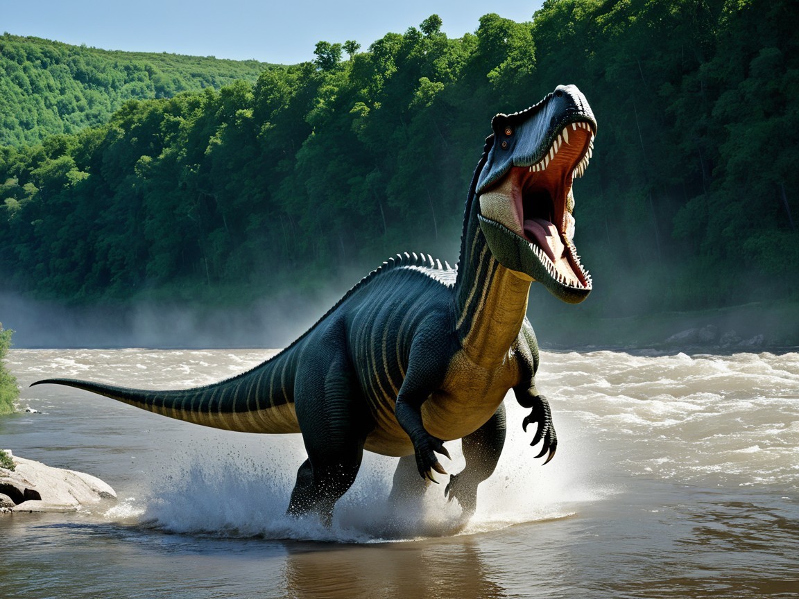 Large Dark-Skinned Tyrannosaurus in Misty River Scene