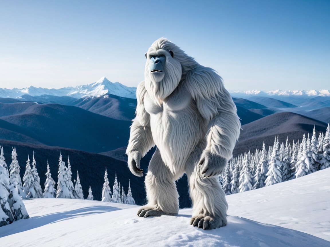 Fluffy White Yeti on Snowy Mountain Landscape