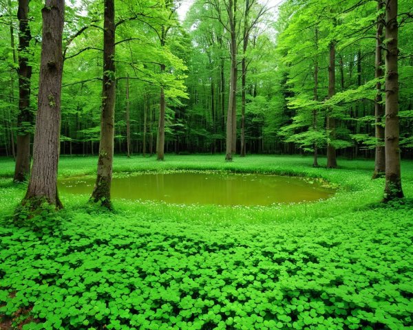 Enchanted Green Forest with Pond and Clover Floor