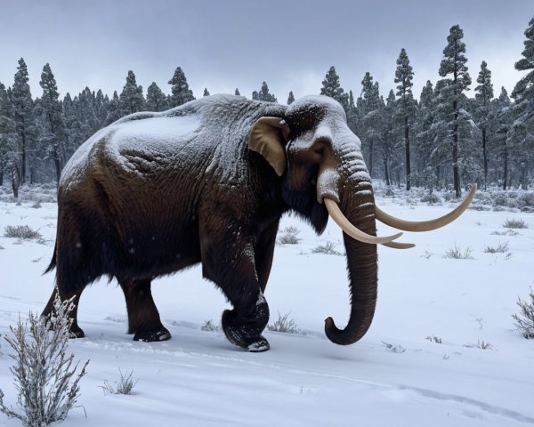 Mammoth Walking in Snowy Field with Pine Trees