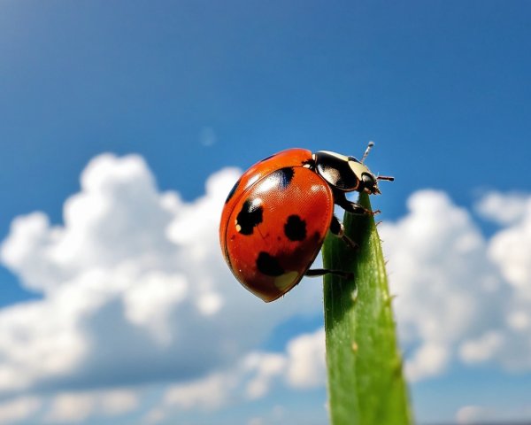 Ladybug on Grass Blade Against Blue Sky Background
