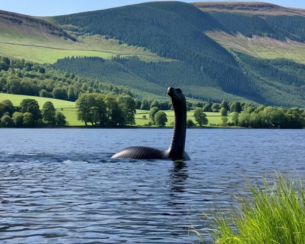 Loch Ness Monster Sculpture Emerging from Lake Water