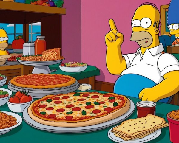 Homer Simpson Dining with Italian Food and Marge