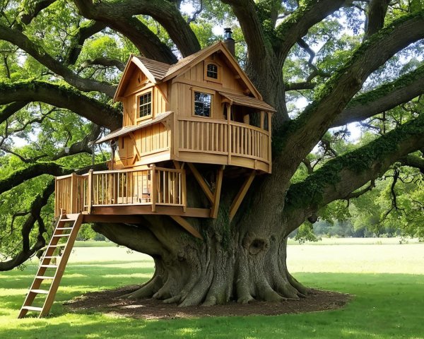 Ancient Oak Tree with Charming Wooden Treehouse