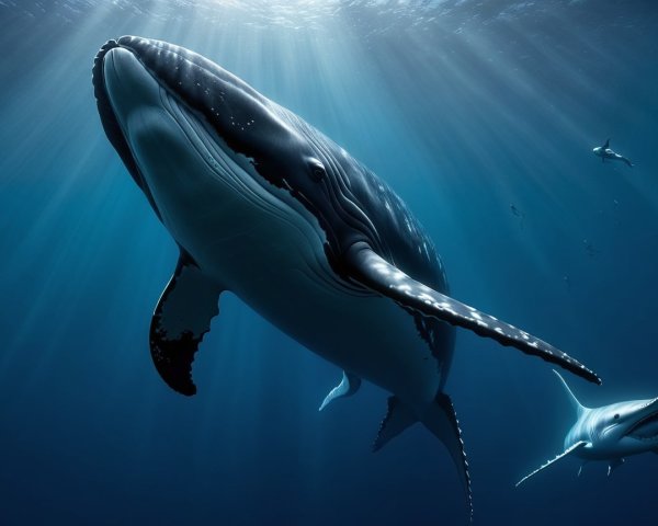 Humpback Whale Swimming in Deep Blue Ocean Scene