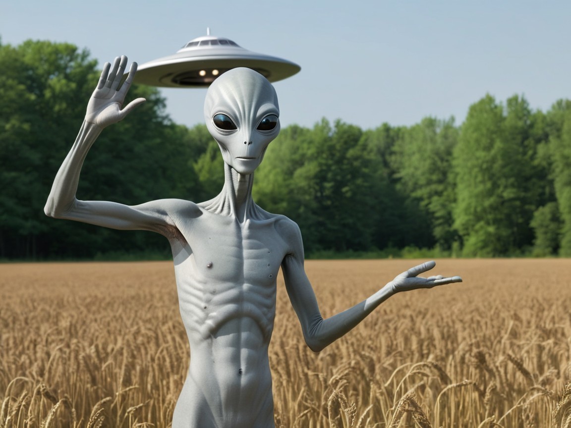 Gray Alien in Wheat Field with UFO and Forest Background