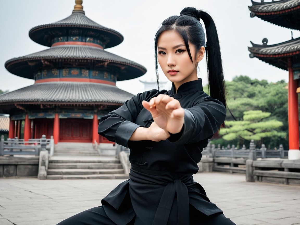 Young Woman in Kung Fu Uniform in Traditional Setting