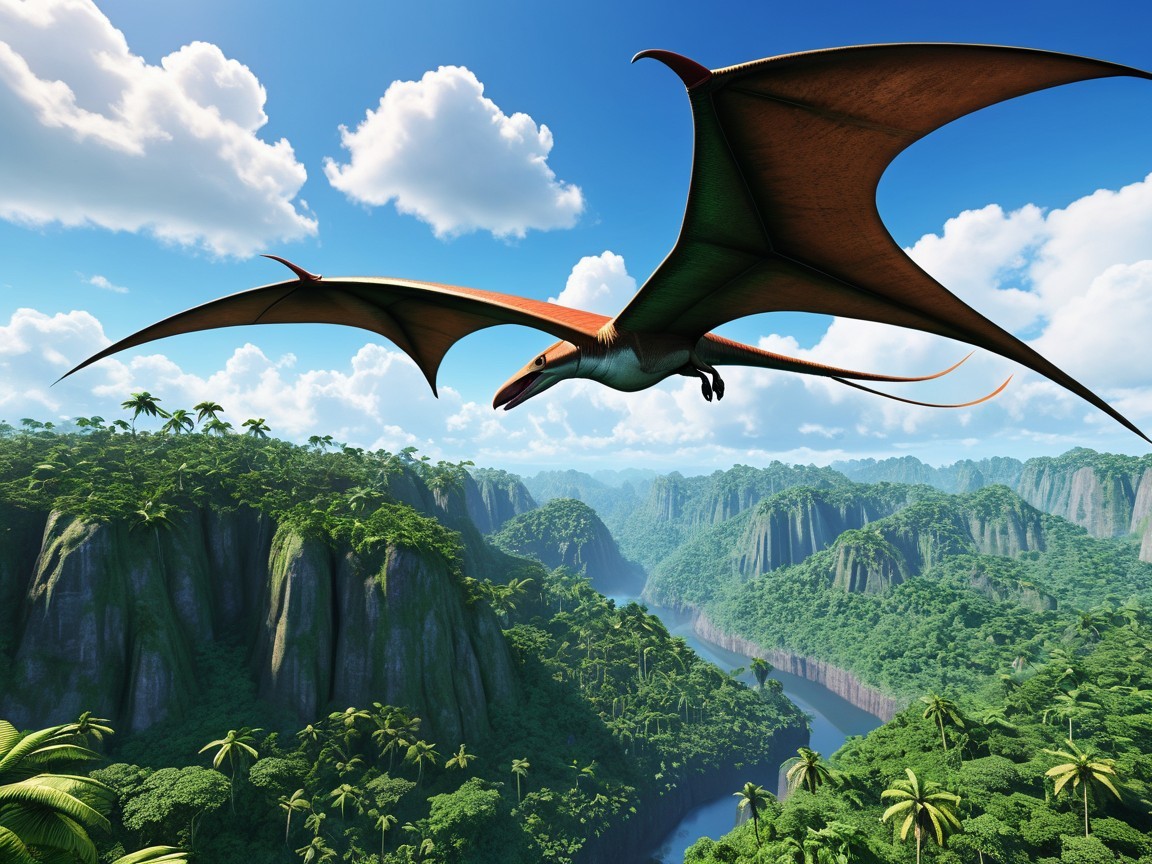 Large brown pterosaur flying over green valley landscape