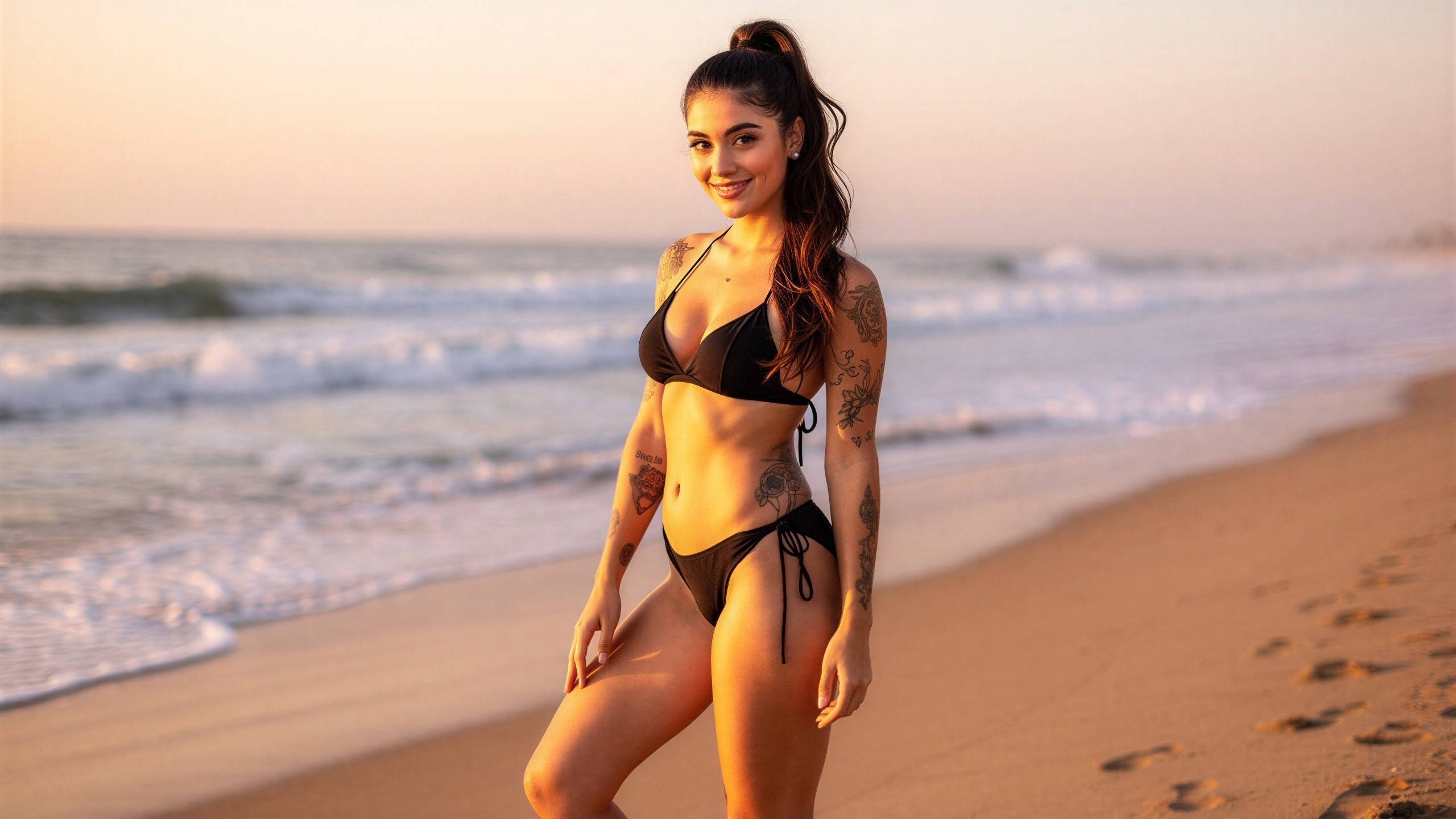 Woman in Black Bikini on Sandy Beach with Tattoos