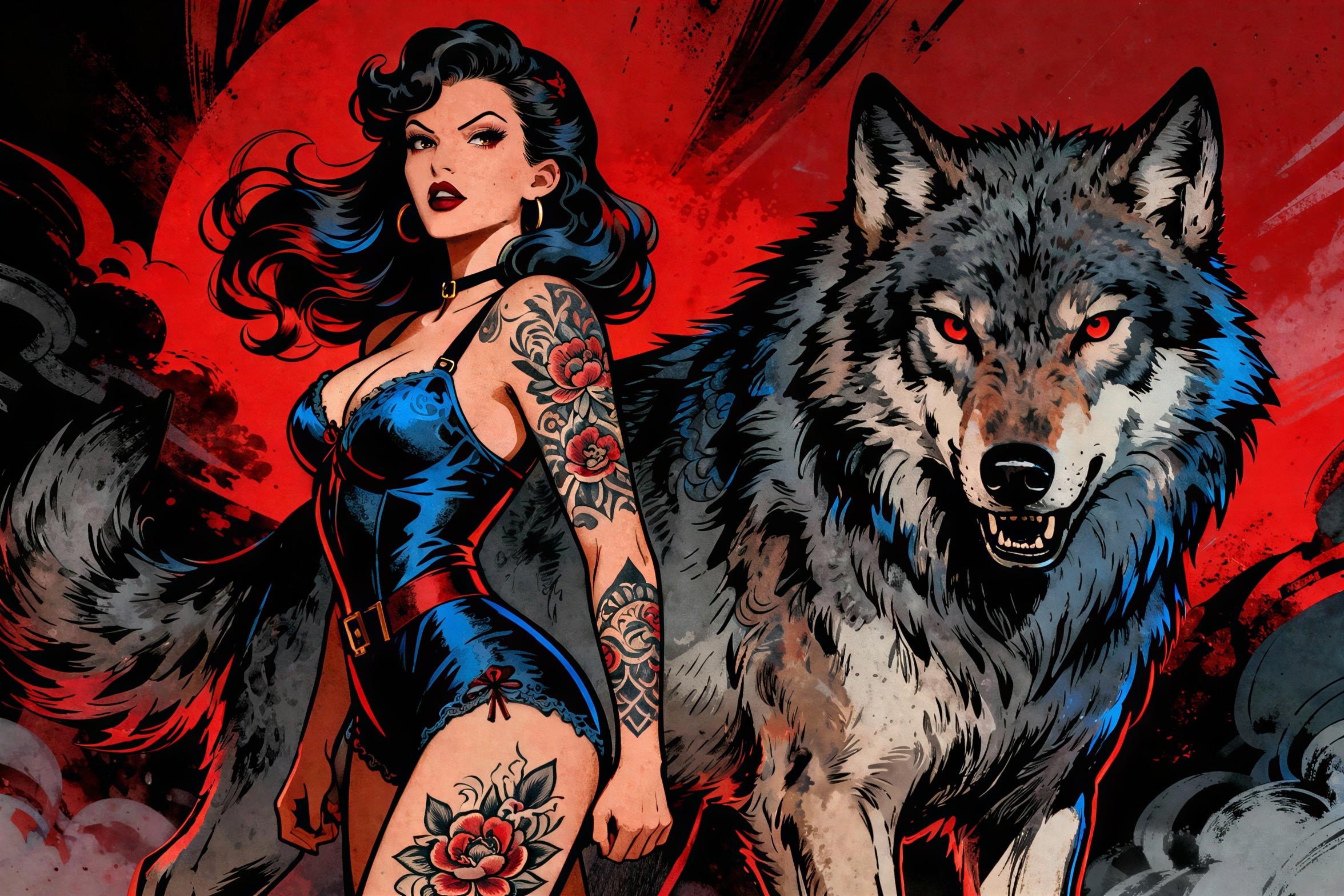 Detailed Comic Illustration of Woman and Wolf