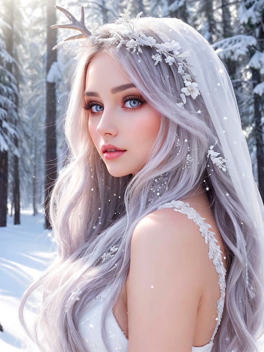 Close-Up of a Young Woman with Silver Hair and Floral Headpiece