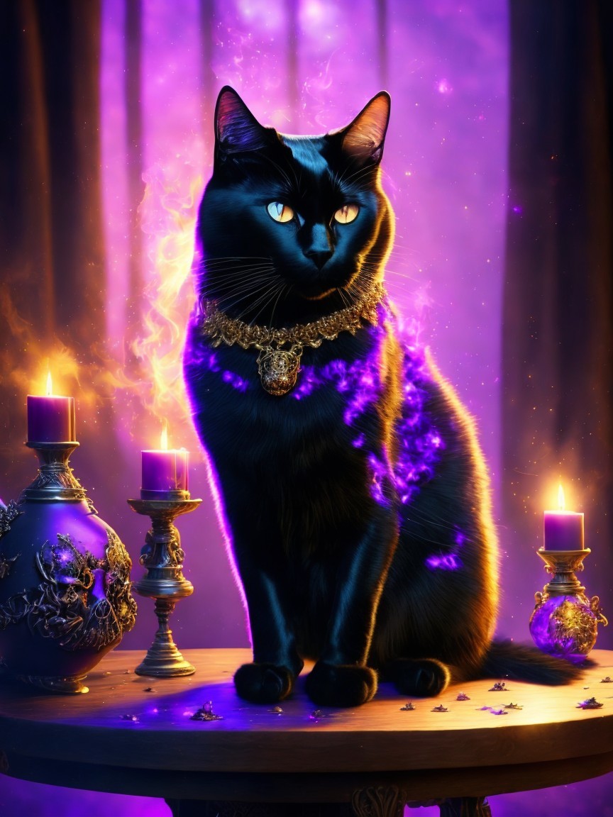 Sleek Black Cat with Golden Eyes and Purple Aura