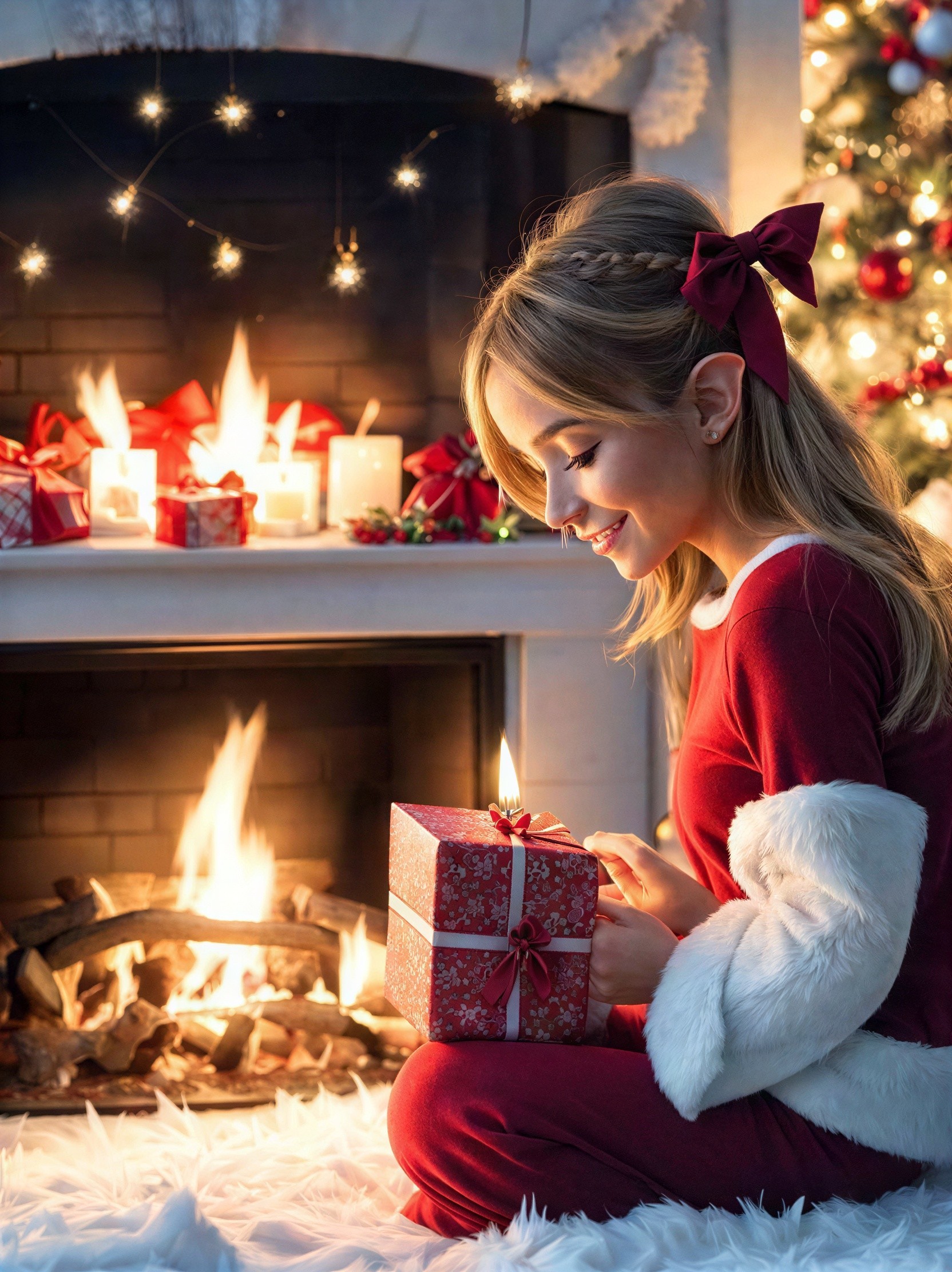 Young Woman in Red Pajamas by a Fireplace with Gift