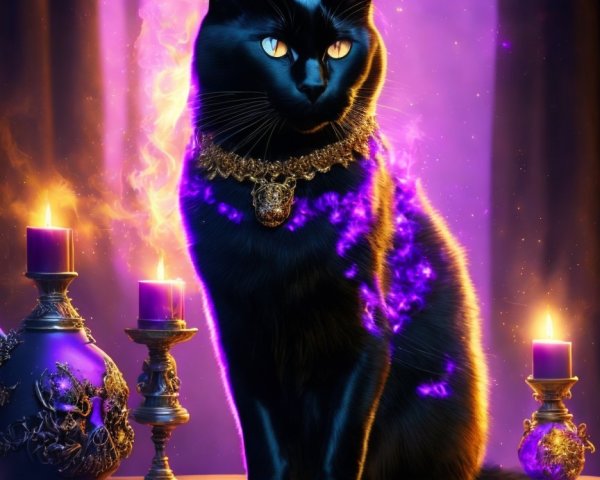 Sleek Black Cat with Golden Eyes and Purple Aura