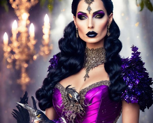 Woman in Purple Dress with Bird-like Creature