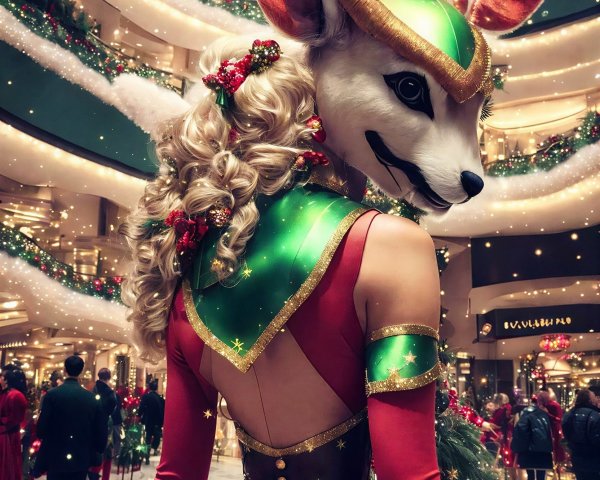 Anthropomorphic figure in festive mall setting