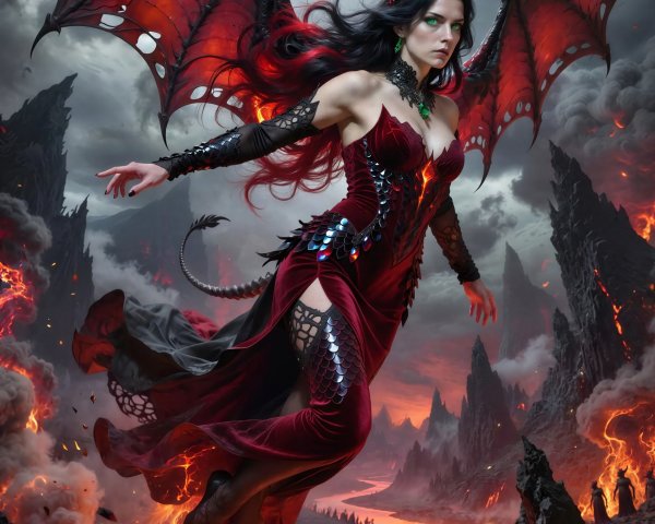 Succubus in Dark Red Dress Amid Fiery Hellscape