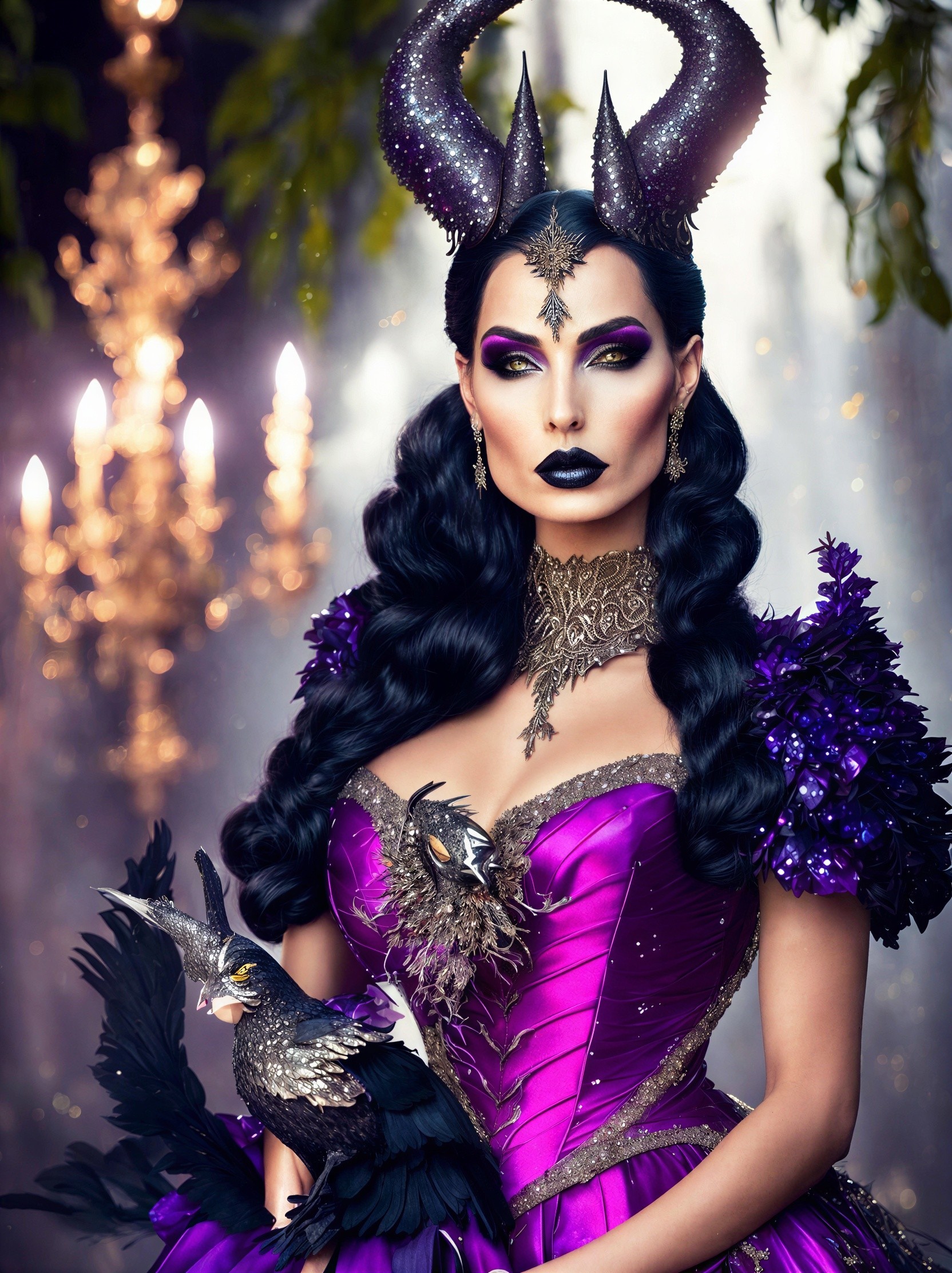 Woman in Purple Dress with Bird-like Creature