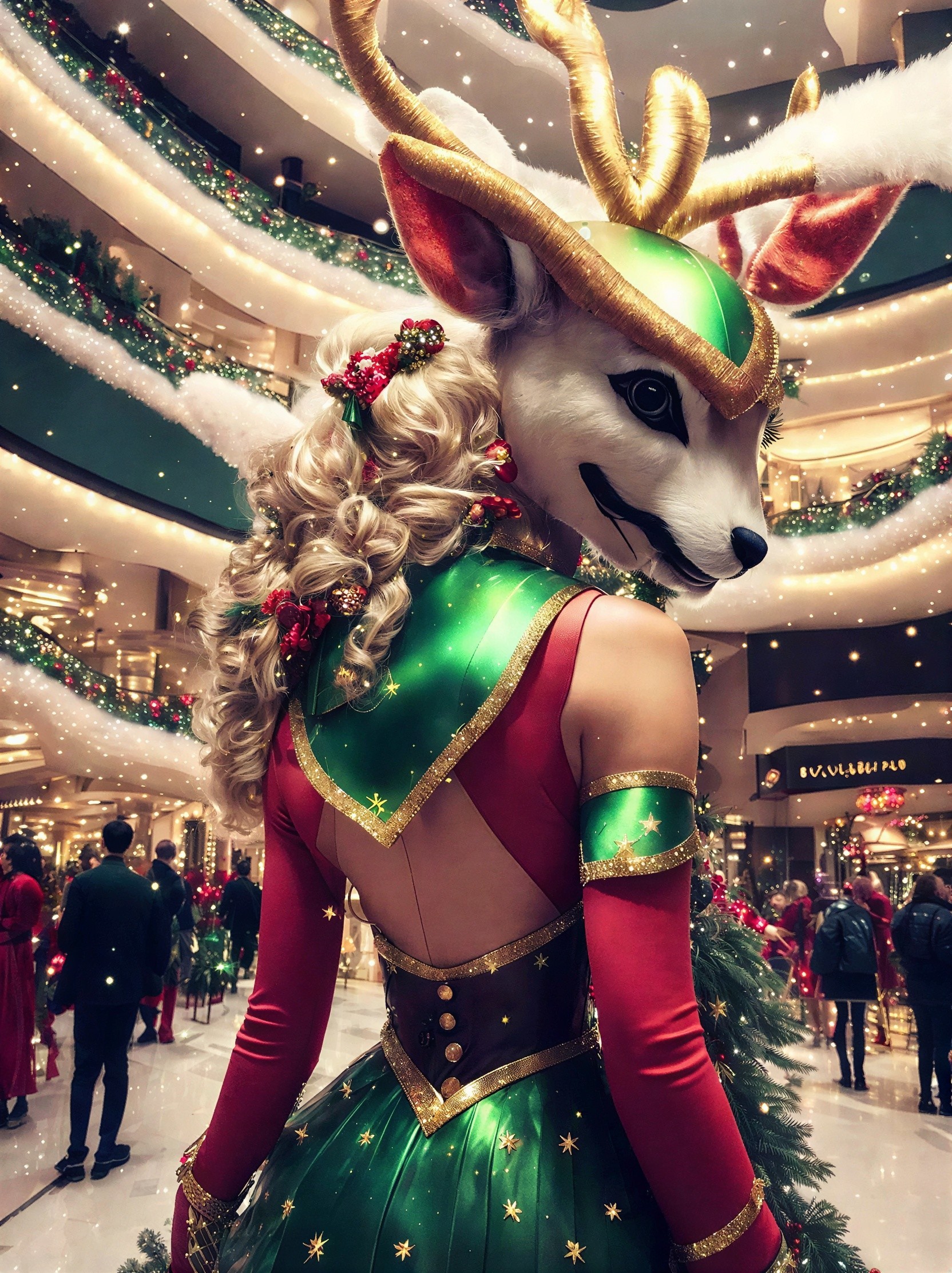 Anthropomorphic figure in festive mall setting