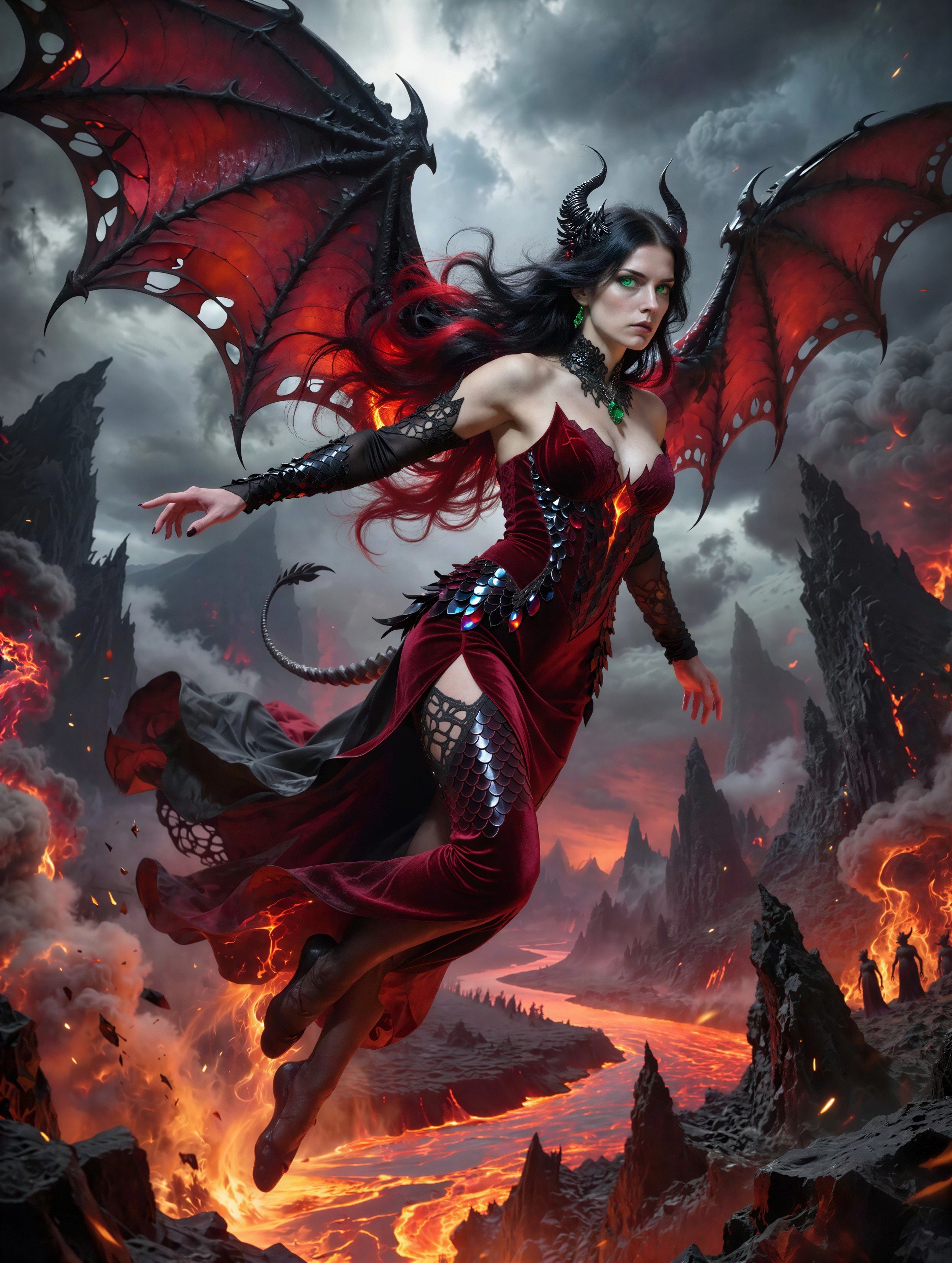Succubus in Dark Red Dress Amid Fiery Hellscape