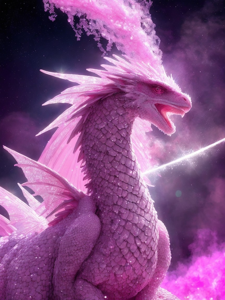 Lavender Dragon Exhaling Pink Smoke in Starry Night
