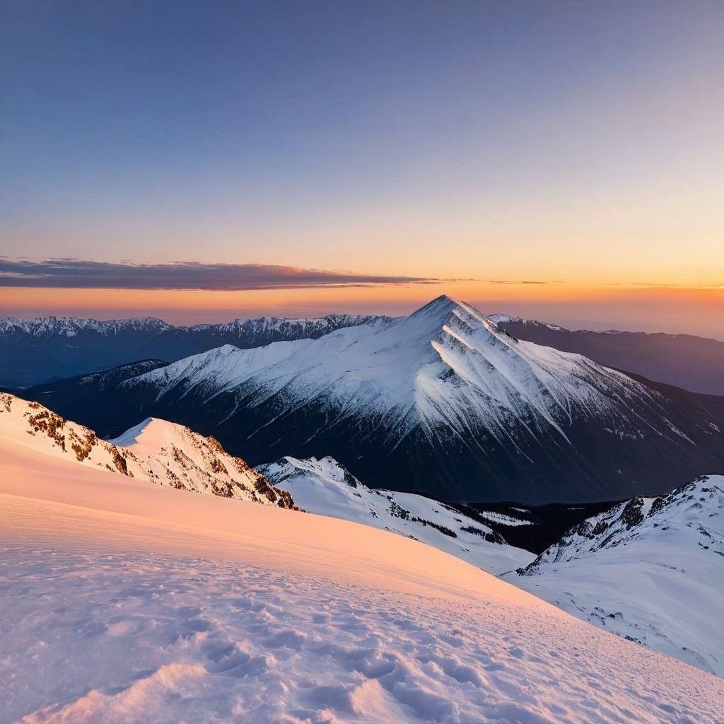 Snow-Capped Mountains at Sunset with Twilight Glow