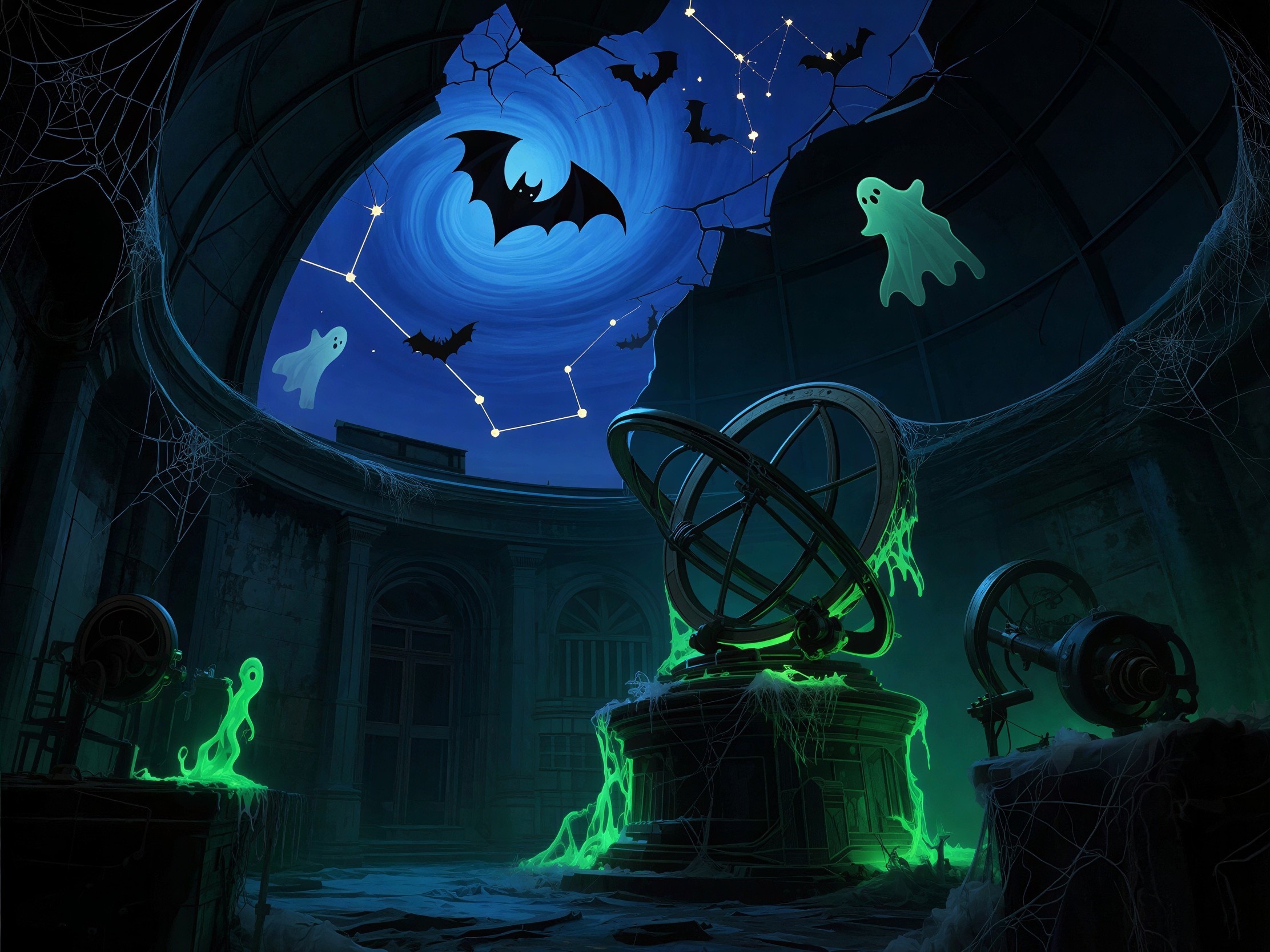 Intricate Illustration of a Ruined Observatory Scene