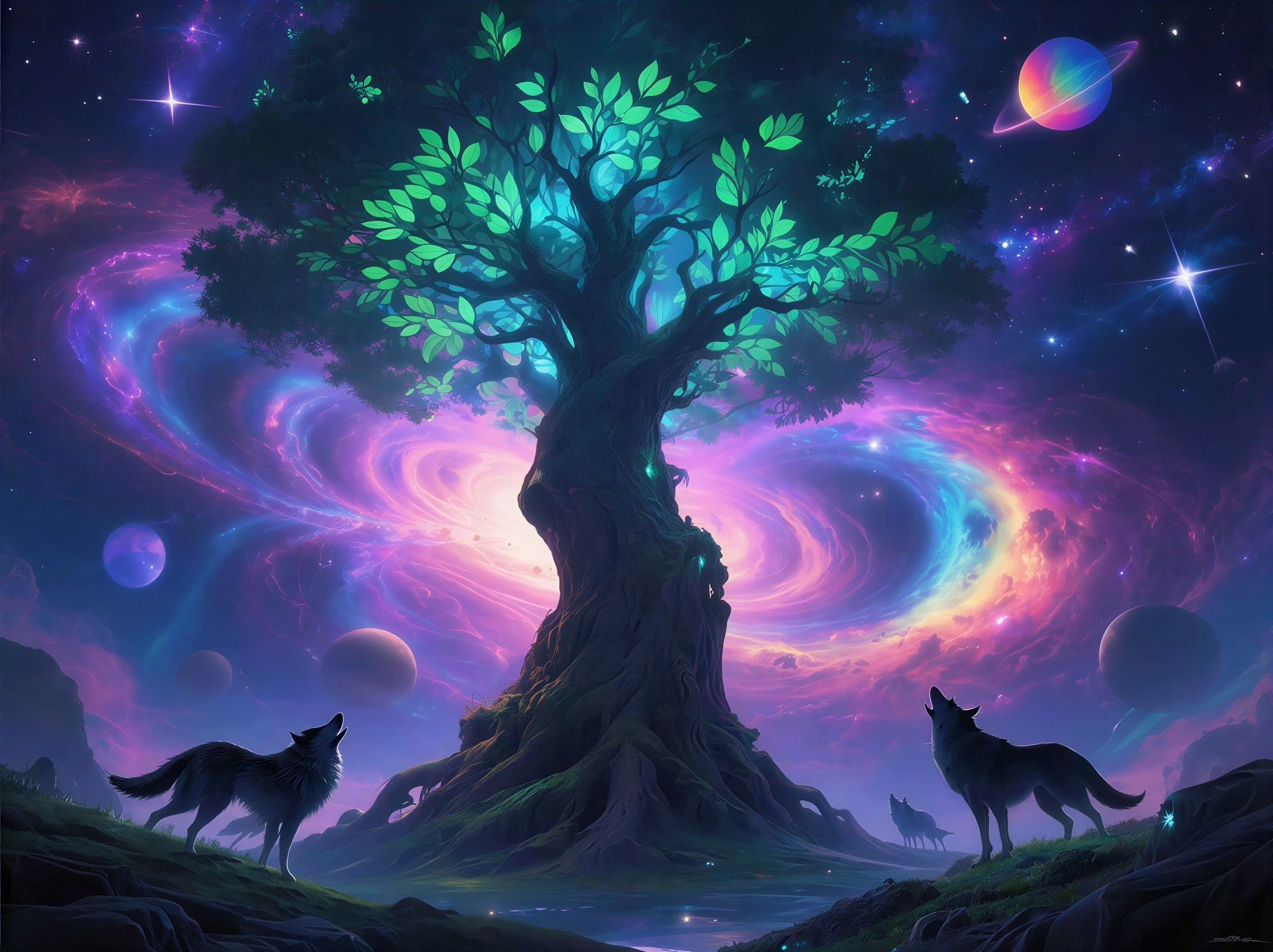 Intricate Fantasy Painting of Cosmic Tree and Planets