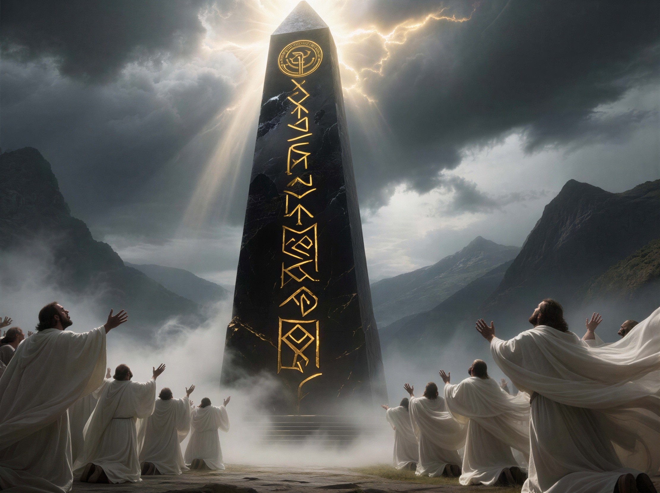 Black Obelisk with Gold Runes and Kneeling Figures