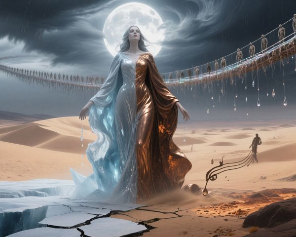 Fantastical Landscape with Dual-Colored Gown and Moon