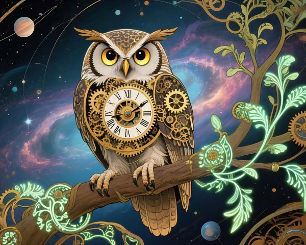 Steampunk Owl with Cosmic Background and Gears