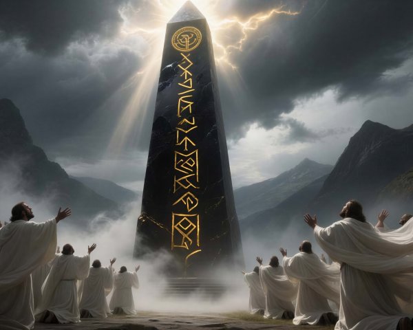 Black Obelisk with Gold Runes and Kneeling Figures
